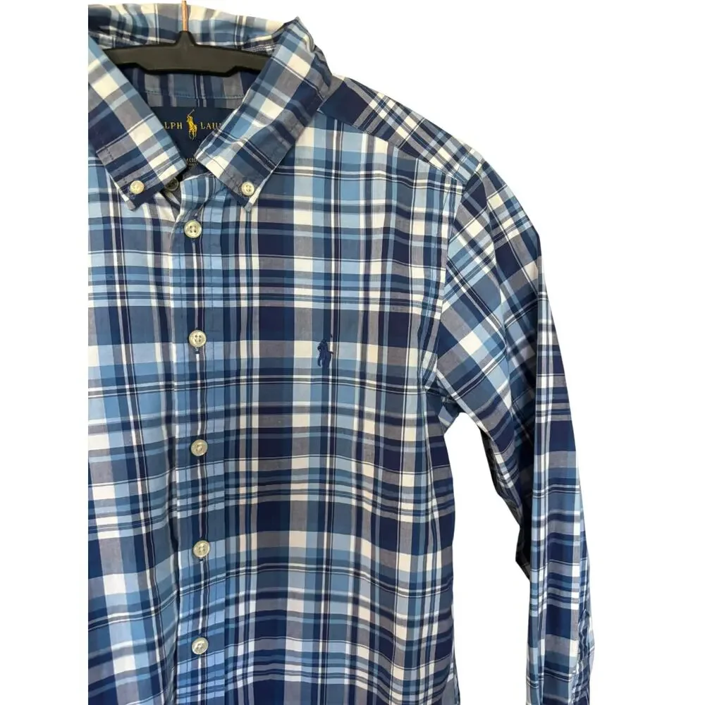 Boys Blue Plaid Button Down Shirt Ralph Lauren Size Medium 10 12